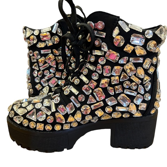 Akira Azalea Wang Tryna Black Lace-up Crystallized Gems Bootie 7 - Picture 5 of 13